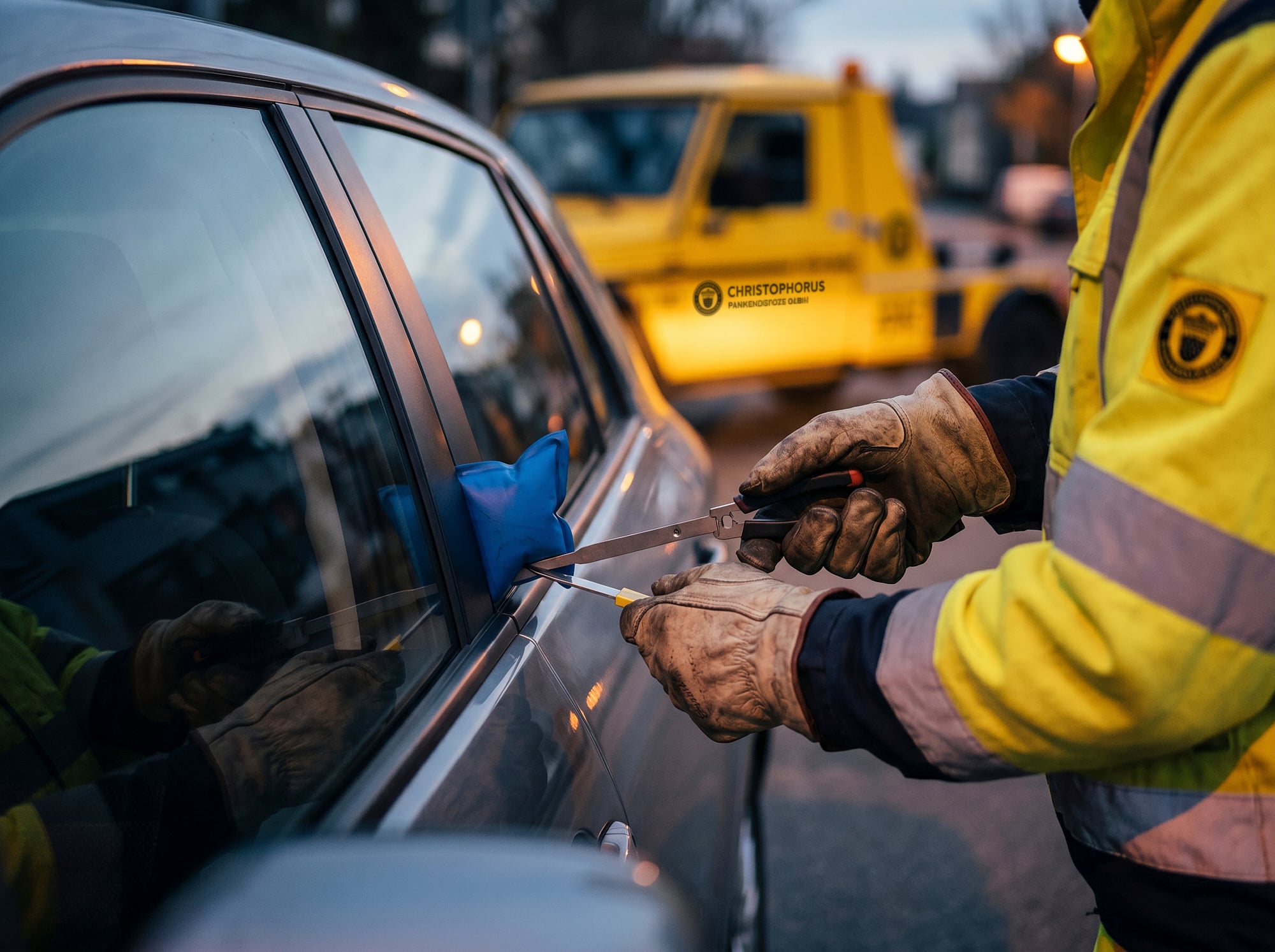 Fachgerechte Fahrzeugöffnung mit Spezialwerkzeug bei Dämmerung