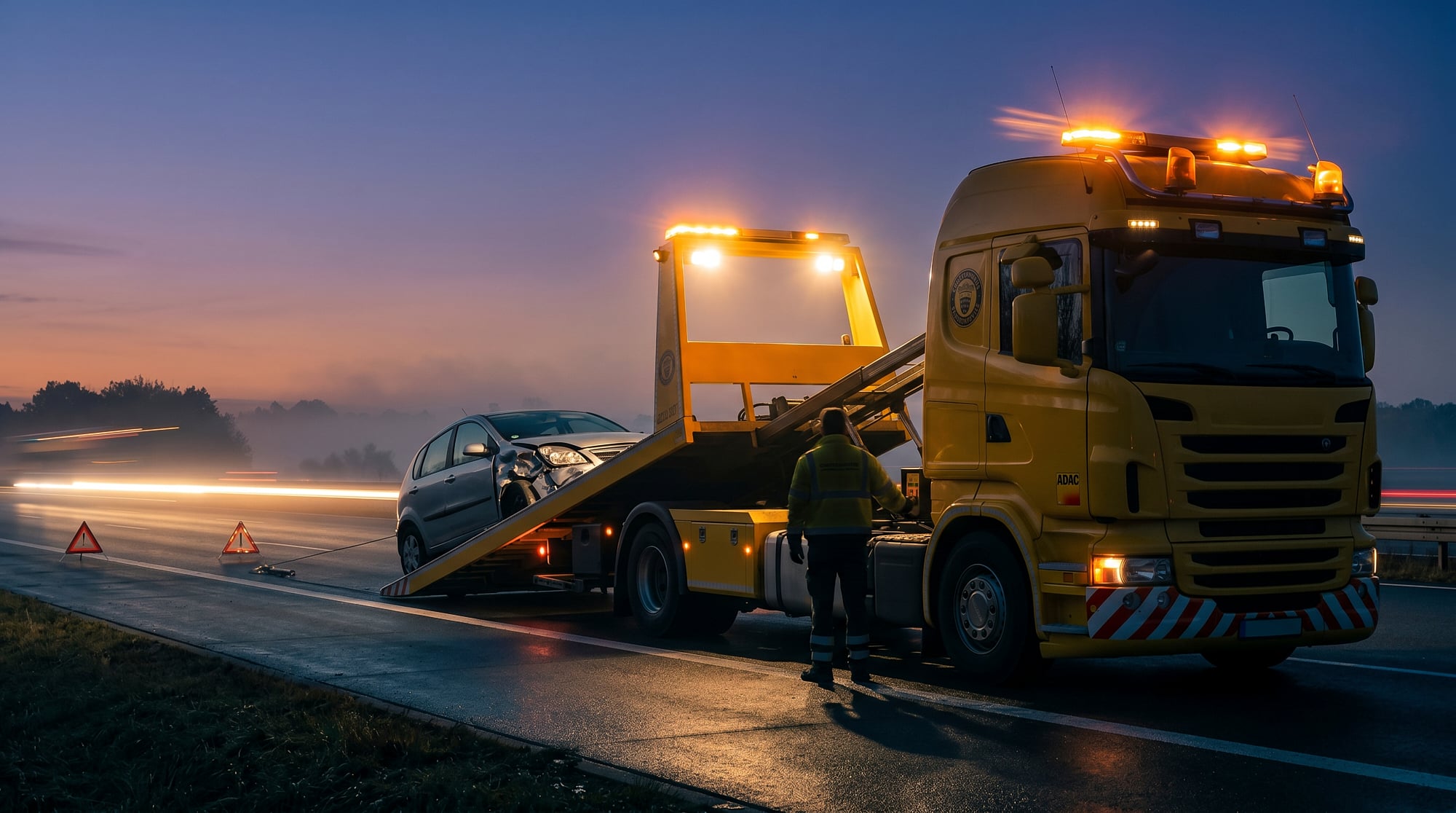Recovery-Fahrzeug lädt ein Unfall-Auto auf der Autobahn bei Dämmerung